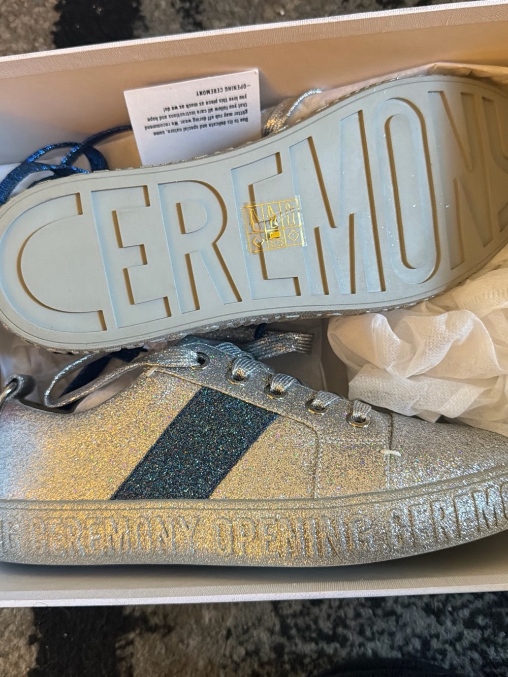Opening Ceremony Glitter Sneakers in Silver with Blue Stripe